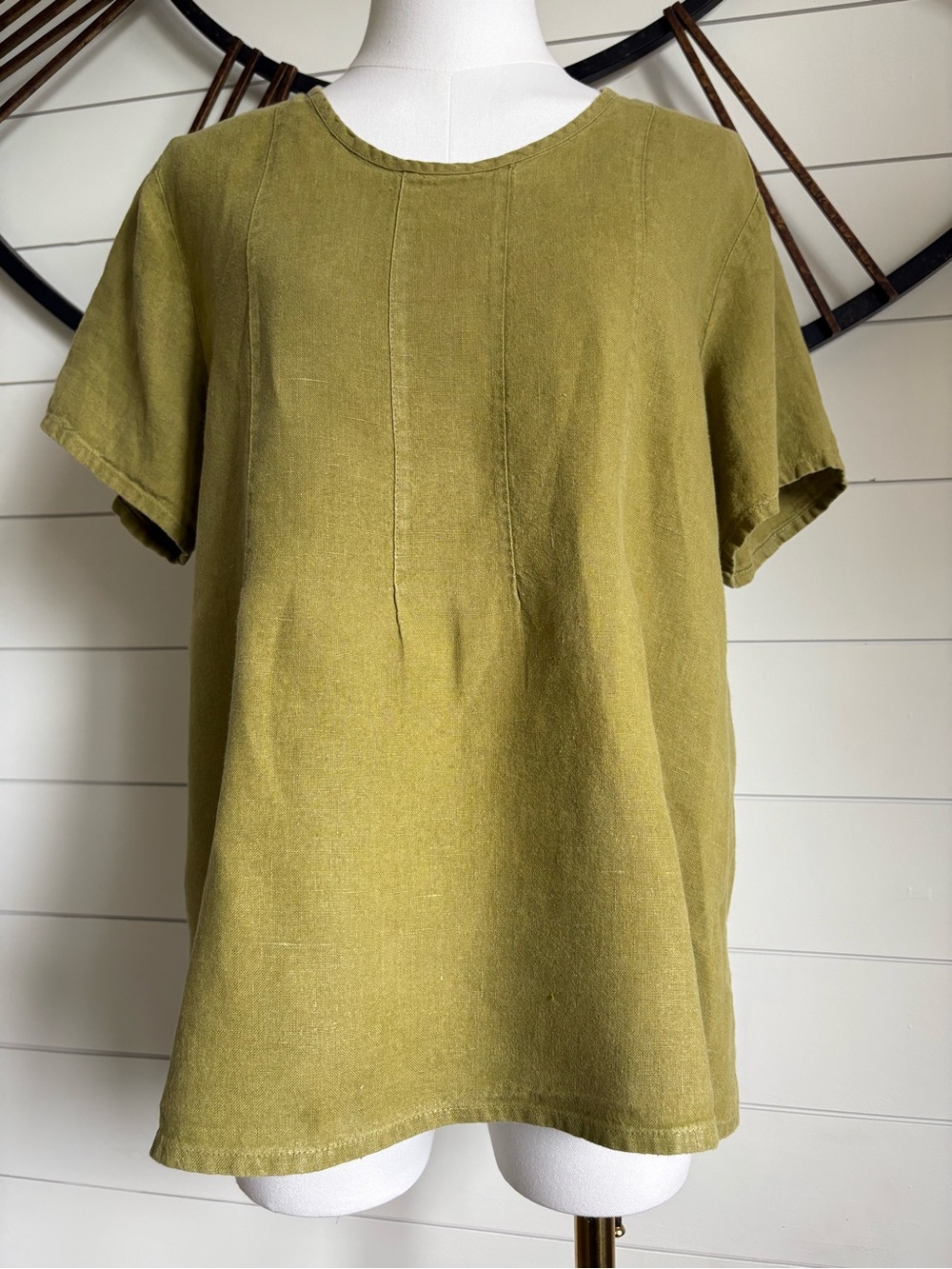 FLAX Chartreuse 100% Linen Short Sleeve Scoop Neck Top w Pin-Tuck Pleat Detail S